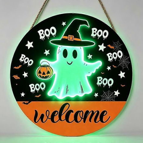 Panneau de porte rond en bois pour Halloween, plaque suspendue avec motif fantôme, décoration de porche, ornement mural intérieur/extérieur et cadeau pour les fêtes (K8) (1/5)