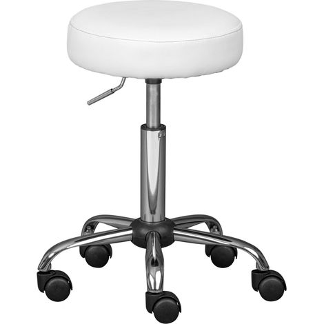 Tabouret pivotant sur roulettes - Réglable en hauteur 50 - 66 cm - Tabouret à roulettes - Tabouret de travail - Tabouret de bureau - En métal et similicuir - Blanc (1/5)