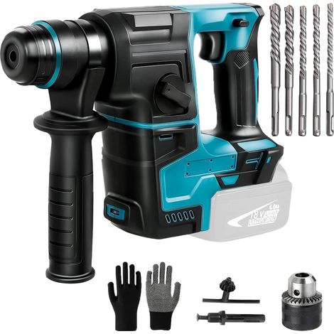 Marteau perforateur sans fil compatible avec 18 V, perceuse à percussion avec 8 forets et gants, 2,2 joule, 1400 tr/min, 4200 BPM, marteau perforateur sans balais pour perçage, perforateur (1/5)