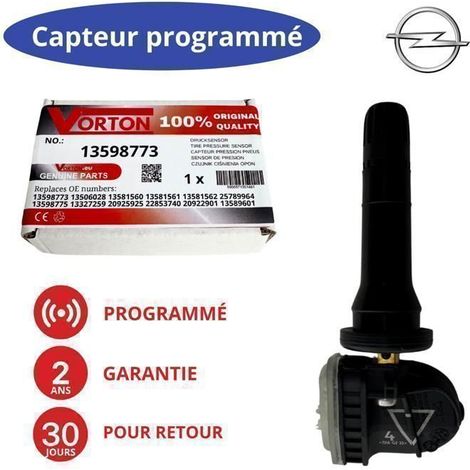 Sensore di pressione pneumatici TPMS preprogrammato 433 MHz per OPEL/Vauxhall e CHEVROLET - rif. 13598773/13506028