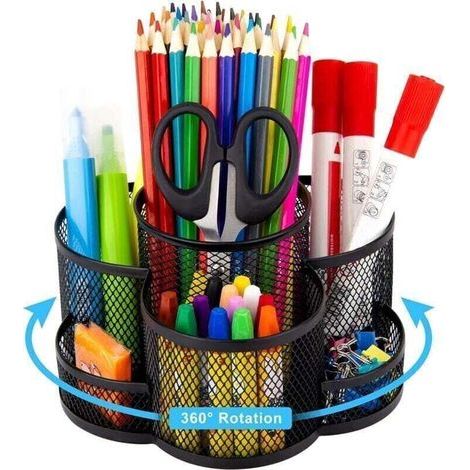 Porte-Stylo En Maille Pour Bureau, Organiseur De Bureau Rotatif À 360 Degrés Avec 7 Compartiments, Organiseur Stationnaire En Métal, Grand Organiseur De Fournitures De Bureau Pour L'Art De L'École De (1/4)