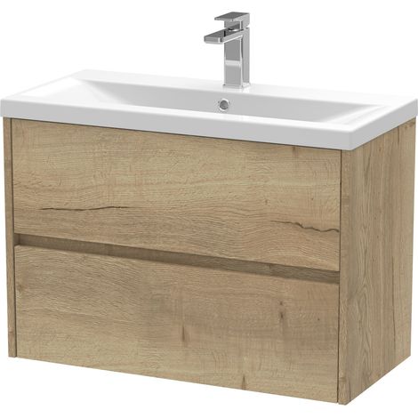 Charley Square Wall Hung 2 Drawer Vanity Unit & Ceramic Basin, 800mm - Woodgrain Autumn Oak - Balterley