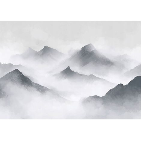 Fototapete Berge Nebel Landschaft – Moderne Großformat Wandtapete 400x280 cm – Für Wohnzimmer & Schlafzimmer
