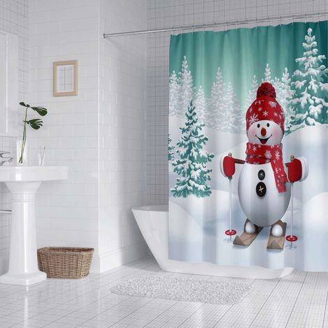 Rideau de douche de Noël, ensemble de décoration de salle de bain en tissu avec crochets, 90cm x 180cm.