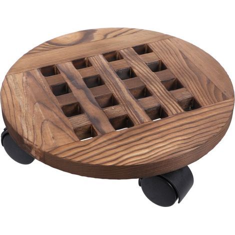 Plataforma redonda de madera carbonizada para macetas, diámetro 25 cm, soporte móvil para flores con base de maceta con ruedas, 2 piezas (1/5)