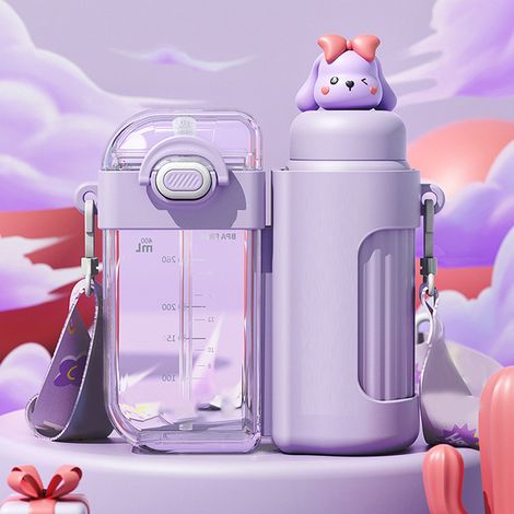 Gourde à paille grande capacité, étanche, mignonne et portable, double gourde pour enfants, violette (1/5)