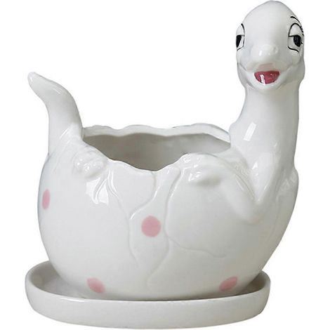Pot de fleurs en céramique en forme de dinosaure mignon, avec drainage, blanc. (1/5)
