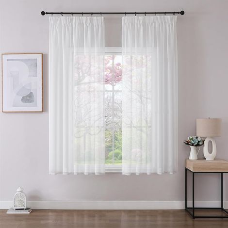 Lot de 2 Rideaux Voilage Blanc 140x145cm avec Galon Fronceur pour Rail et Tringle, Polyester Semi-Transparent pour Salon