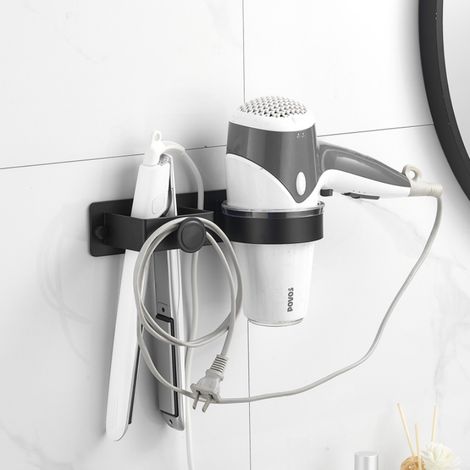 Schwarzer, wandmontierter Haartrocknerhalter aus hochfestem Aluminium, ideal zur Aufbewahrung von Glätteisen und Lockenstäben im Badezimmer. Platzsparend. (1/5)