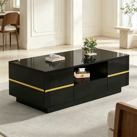 Table basse LED 100x50x35,5 cm avec rangement semi-ouvert et 2 portes, table de salon moderne, table d’appoint, jusqu’à 30 kg, noir avec accents dorés (1/5)