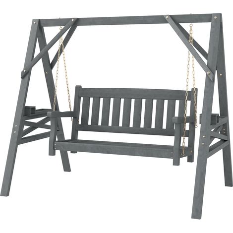 Balançoire de jardin 2 places en bois gris, banc balançoire avec étagères, porte-gobelets et chaînes métalliques (1/5)
