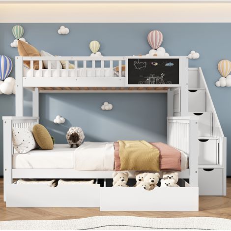 DESVIAE Lit superposé enfant avec tableau et rangements escalier avec tiroirs blanc bois de pin massif 90 x 200 140 x 200 (1/5)