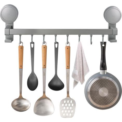Küchenutensilienhalter, 40 cm Saugnapf-Utensilienhalter mit 8 abnehmbaren Haken, Küchenaccessoires ohne Bohren, Aufbewahrungsregal für Küche/Bad (Grau)