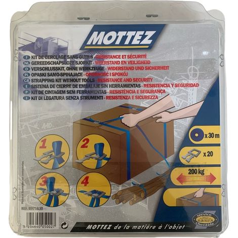 Mottez – Kit de cerclage 30m – 20 boucles – Pour cartons jusqu'à 10 – Résistant aux chocs – Utilisation professionnelle