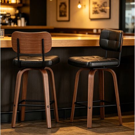 Juego de 2 taburetes giratorios de bar con respaldo ergonómico, estructura de metal y madera, tapicería de PU - negro (1/5)