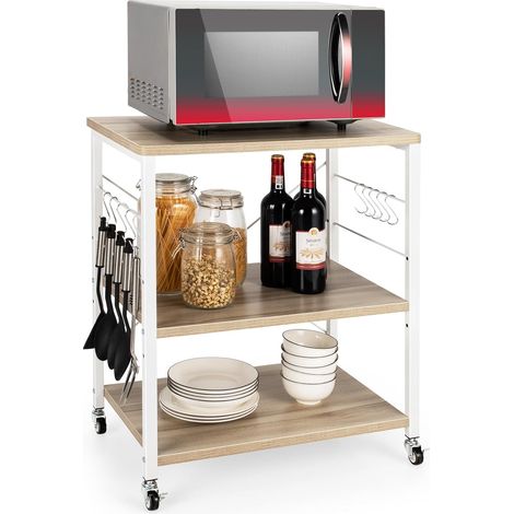 COSTWAY Estante para Pastelería con 3 Niveles, Carrito de Cocina con 10 Ganchos Removibles, Estante con Estructura de Metal para Microondas con Ruedas Bloqueables para Bar Restaurante Hotel (Beige) (1/5)