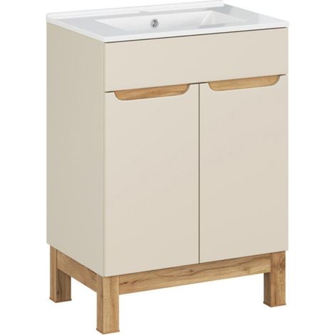 Badezimmer-Set ERMANO Kaschmir und Eichenoptik 60cm: Unterschrank + eingelassenes weißes Waschbecken