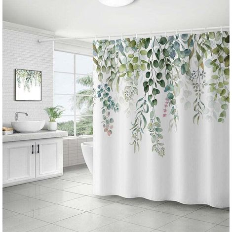 Duschvorhang mit grünem Blattmuster, Eukalyptus-Duschvorhang, schimmelresistenter, wasserdichter Duschvorhang aus waschbarem, blickdichtem Polyestergewebe mit Haken für die Badewanne, 180 x 180 cm