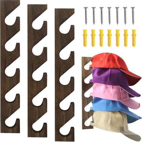 Lot de 3 porte-chapeaux pour casquettes de baseball, organiseur mural en bois pour casquettes de baseball, support mural vertical pour placard, porte, chambre, salon, entrée, buanderie (bois mar (1/5)