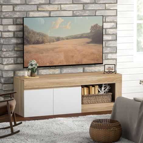 Mobile porta TV a 2 ante per televisori fino a 60 pollici, mobile con armadietto e ripiano a giorno, effetto legno naturale.