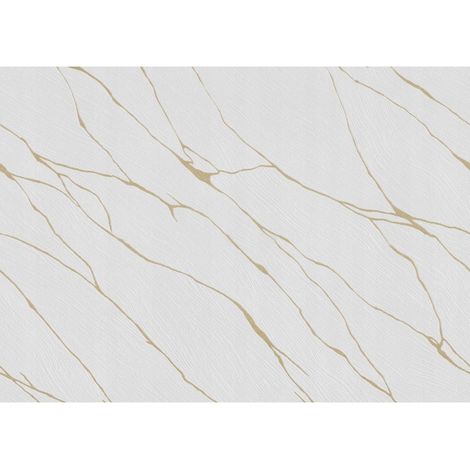 Papel pintado vinílico sobre tela no tejida, imitación mármol, blanco y dorado, 10 m (1/2)