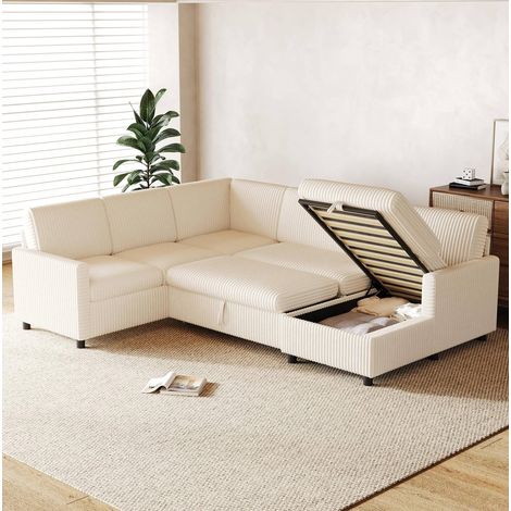 Sofá esquinero 5 plazas convertible con almacenaje, tapizado en terciopelo acanalado, color beige (1/5)