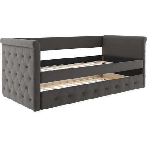 Letto singolo con letto estraibile capitonné 2 x 90 x 190 cm in tessuto grigio - LOUISE (1/4)