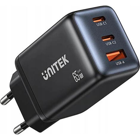 Unitek GaN 65W Wandladegerät, 2xUSB-C, USB-A, PD 3.0, schwarz 1 Stück. (1/5)