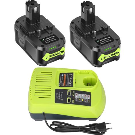 2X 5,5Ah P108 Batterie + 3A Chargeur P117 Compatible pour 18V Remplacement pour batterie P107 P105 RB18L40 RB18L50,avec Indicateur LED, 3A Chargeur 12V-18V (1/5)