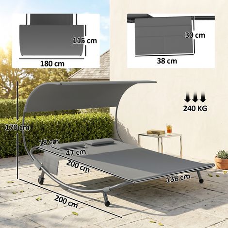 Bain de soleil double avec auvent amovible, roues, coussins et poches (gris) (1/5)