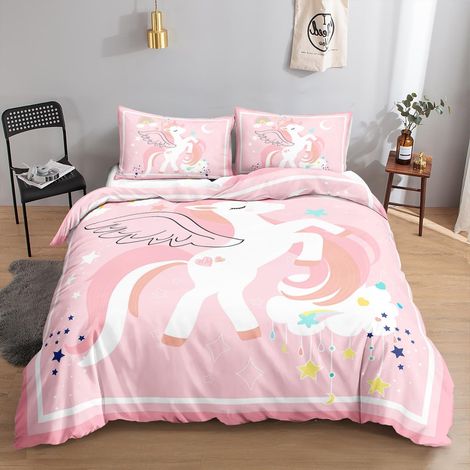 Ensemble de literie Licorne avec arc-en-ciel, 155x220 cm, microfibre, Rose