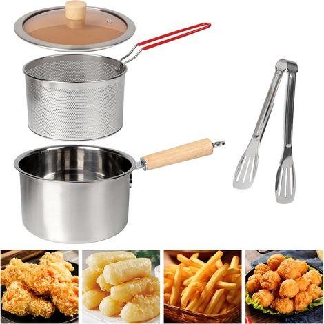 Marmite à Friture avec Panier, 2500 ML 304 Friteuse en Acier Inoxydable Ensemble de Marmite à Friteuse Tempura Japonaise, avec Poignée, pour Frites Poisson Ailes de Poulet (1/5)