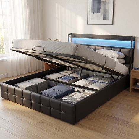 Lit coffre 140x200 cm avec sommier, lit double capitonné avec LED et ports USB, tête de lit avec rangement, moderne, Noir (1/5)