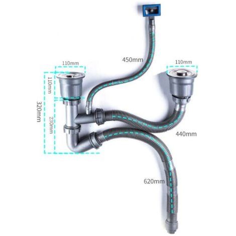 Ensemble complet de bonde pour évier de cuisine à double cuve en acier inoxydable avec raccord de tuyau de vidange de 110 mm de diamètre (1/3)