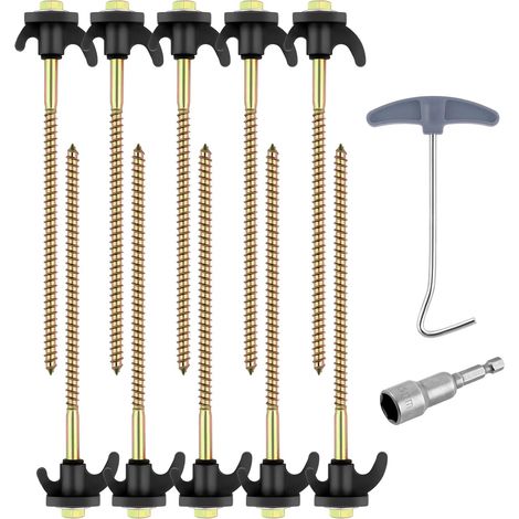 Piquets de Tente à Visser, 20,5 cm Piquets de Sol Robustes avec Filetage, Piquet en Acier en Metal, Antirouille, avec Foret Hexagonal et Crochet en T, pour Jardin Camping Sol Dur, Noir (1/5)