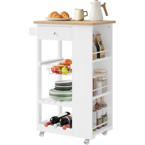 WOLTU Desserte à roulettes avec Plan de Travail, Meuble Cuisine, Bambou + Blanc (1/5)