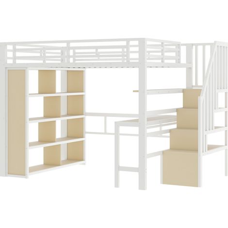 Cama alta 140 x 200 cm de metal y MDF con escritorio, estanterías, LED y escalera blanca (1/5)