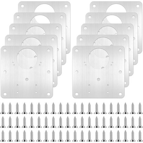 10 pezzi Piastra di riparazione per cerniere di ante di armadi, 60 viti, Kit di riparazione per cerniere di mobili 9x9 cm con foro, acciaio inossidabile, per armadi, mobili, porte (1/5)