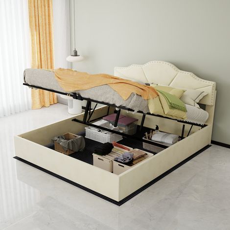 Letto imbottito in tessuto beige 160x200 cm con rete a doghe e testiera geometrica