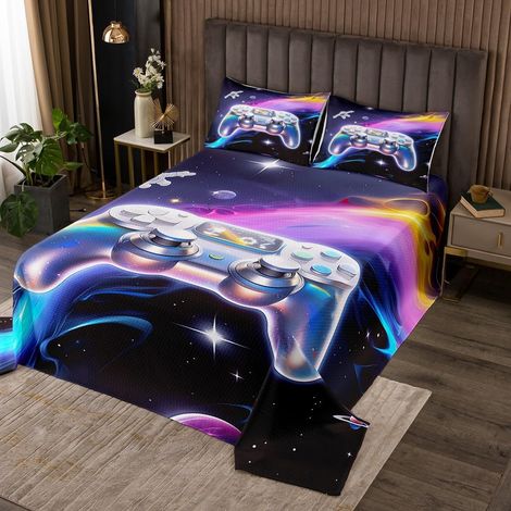 Jeux Couvre-Lit 260x240 Console de Jeux Enfants Dessus de Lit Garçons,Astronaute de l'espace Jeu Couverture Set Planète Galaxie Quilting,Décoration de Salle de Jeux pour Garçons - 260x240cm (1/5)