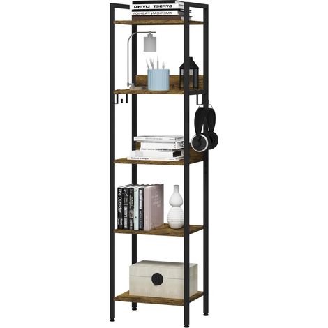 WOLTU Libreria a 5 Ripiani con 4 Ganci, Mensole con Struttura in Metallo, Libreria in MDF per Soggiorno, Cucina, Ufficio, Nero (1/5)