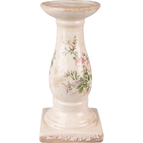 Bougeoir Chandelier en Céramique à Motif Floral Porte-Bougie Rose et Beige 12 x 24 cm - PANGIVO (1/2)