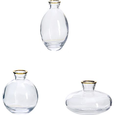 Juego decorativo de 3 jarrones de cristal transparente dorado, de uso versátil para sala de estar, baño, dormitorio, para rosas miniatura, ramos de flores secas, hierba de la pampa. (1/5)