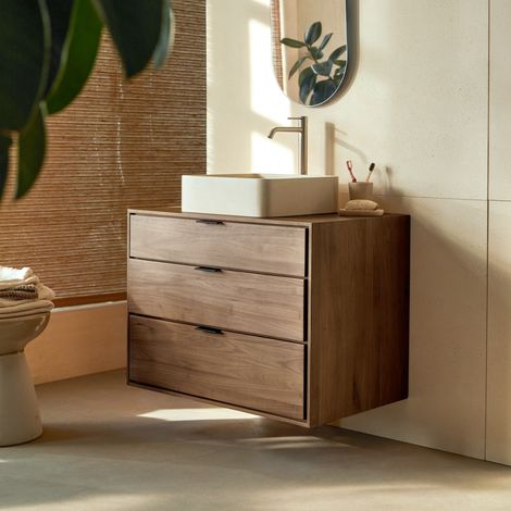 Meuble de salle de bain en noyer massif 80 cm Senson (1/4)