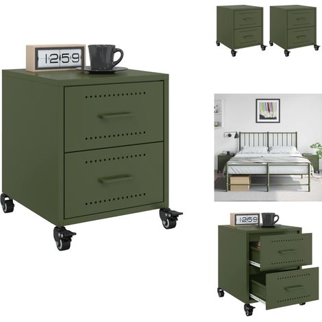 Tables de chevet 2 pcs vert olive 36x39x43,5 cm acier - Table De Chevet - Meuble De Chambre - Table Nuit - Meuble Déco - Rangement Tiroir (1/5)