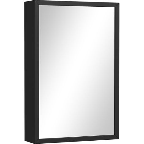 Armoire miroir salle de bain suspendue, meuble mural avec porte et 2 étagères, acier noir 40x12x60 cm (1/5)