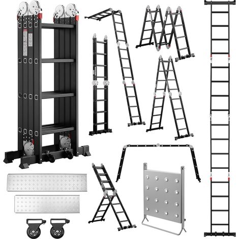 Teeno – Échelle pliante multifonction 4,7 m – 7 en 1 avec 4x4 marches – Charge 150 kg – Pieds antidérapants et roues amovibles – Support de travail