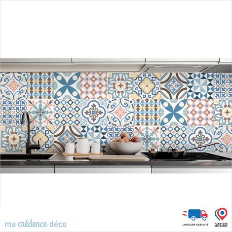 Crédence : Carreaux ciment colorés - Couleur Bleu clair - Alu composite - 120 - 60 (1/3)