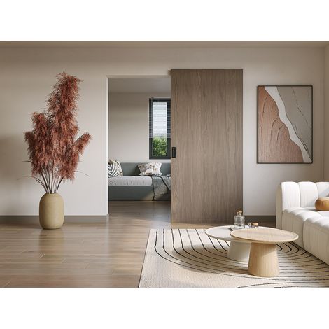 Porte coulissante en bois et MDF avec rail invisible - Chêne clair - 93 x 210 cm - BOCAZI (1/4)