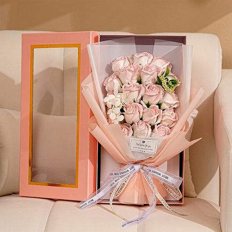 Bouquet De Roses Artificielles - 18 Fleurs En Papier - Boîte Transparente - Cadeau Durable Pour Anniversaire Saint Valentin Noël - 37x20x12 cm